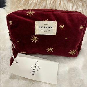 NWT - New SEZANE Makeup Bag in Burgundy Gold Embroidered Polka Dots